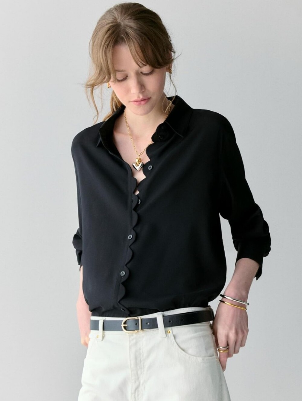 Elegant Kate Spade Black Fluid Scallop-Edge Button Shirt - Women NWT